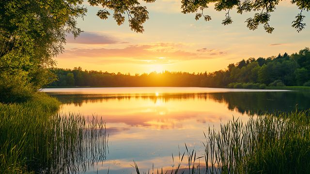 Lago al atardecer rodeado de juncos y árboles