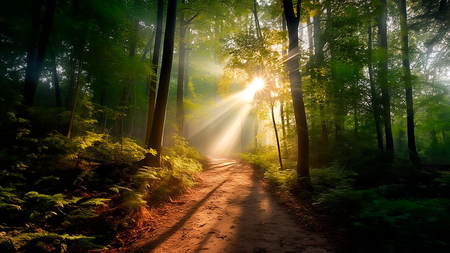 Sendero de tierra en un bosque atravesado por rayos de sol
