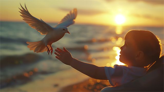 Niño que tiende la mano hacia una paloma blanca junto al mar, al atardecer