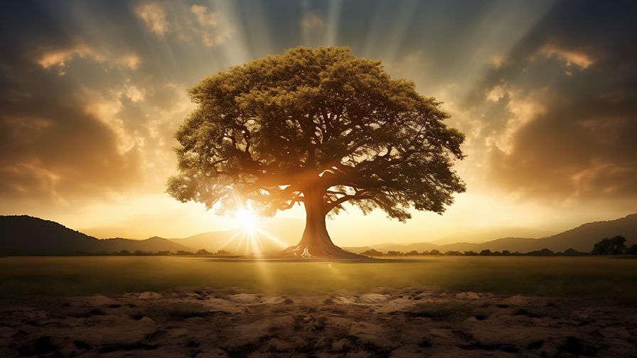 Gran árbol recortado contra el amanecer, con rayos de luz entre las nubes