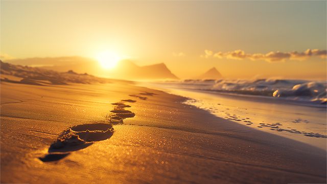 Huellas en la arena de una playa al atardecer