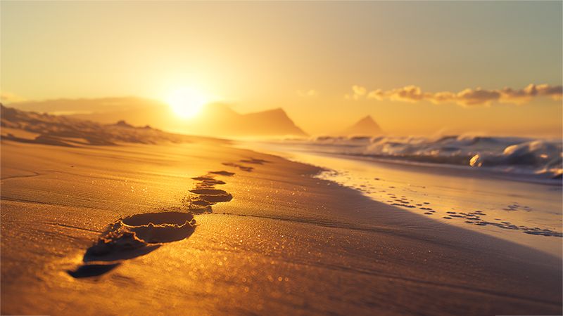 Huellas en la arena de una playa al atardecer