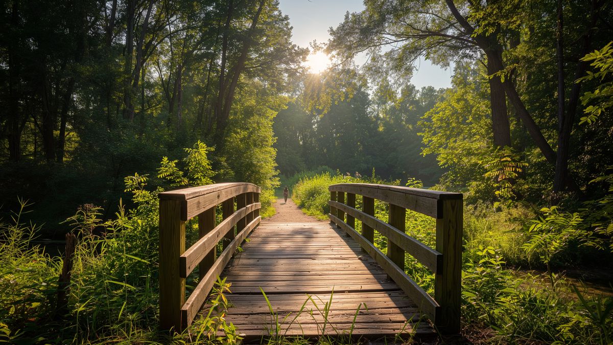 Puente de madera que cruza un bosque frondoso