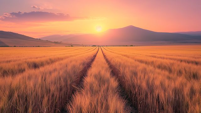 Campo de trigo al atardecer con montañas al fondo