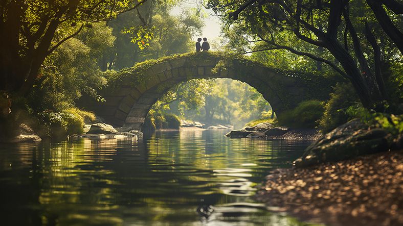Puente de piedra sobre un río en un bosque verde