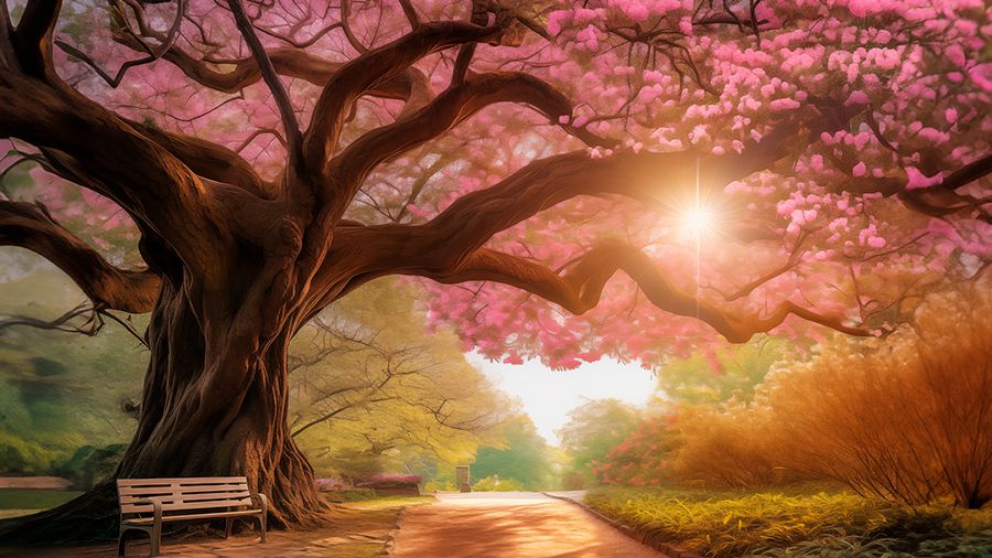 Árbol de flores rosadas sobre un camino con un banco, iluminado por el sol