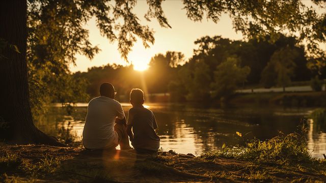 Dos personas sentadas a la orilla de un río en el bosque, al atardecer