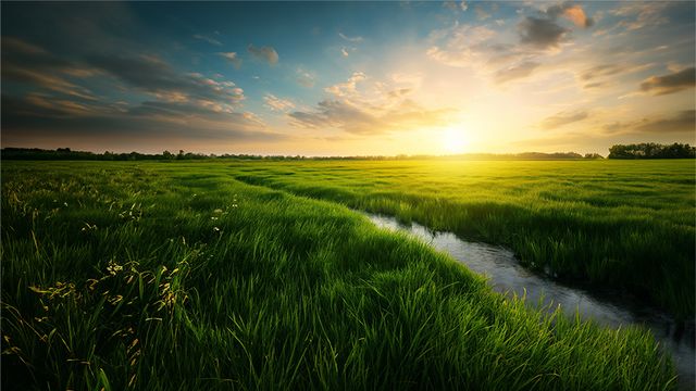 Pradera verde con un arroyo bajo el sol del amanecer
