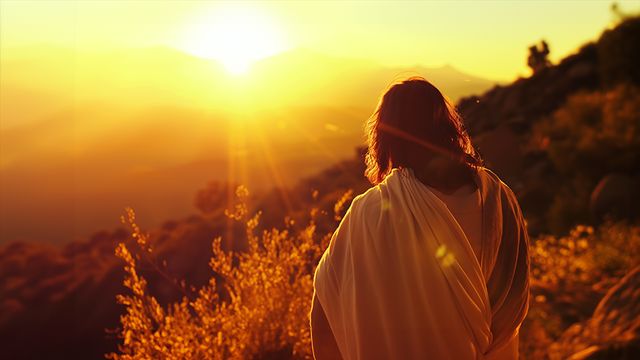 Figura con túnica, de espaldas, en una ladera al atardecer